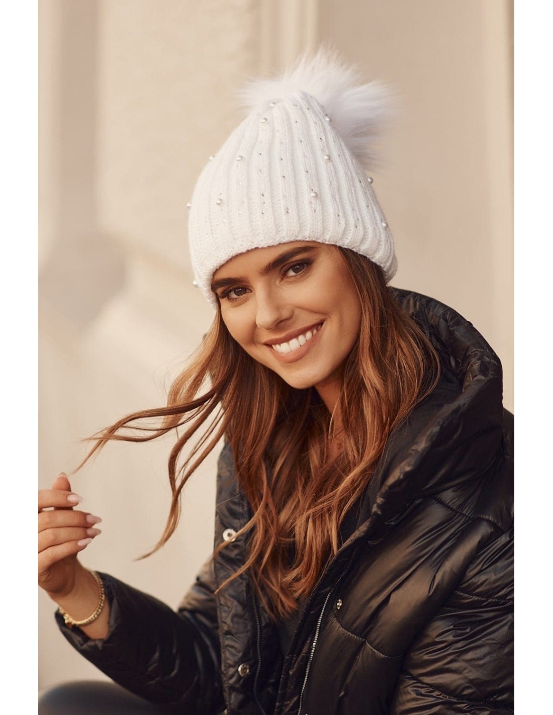 Warm hat with beads and pompom, white C64 - Online store - Boutique